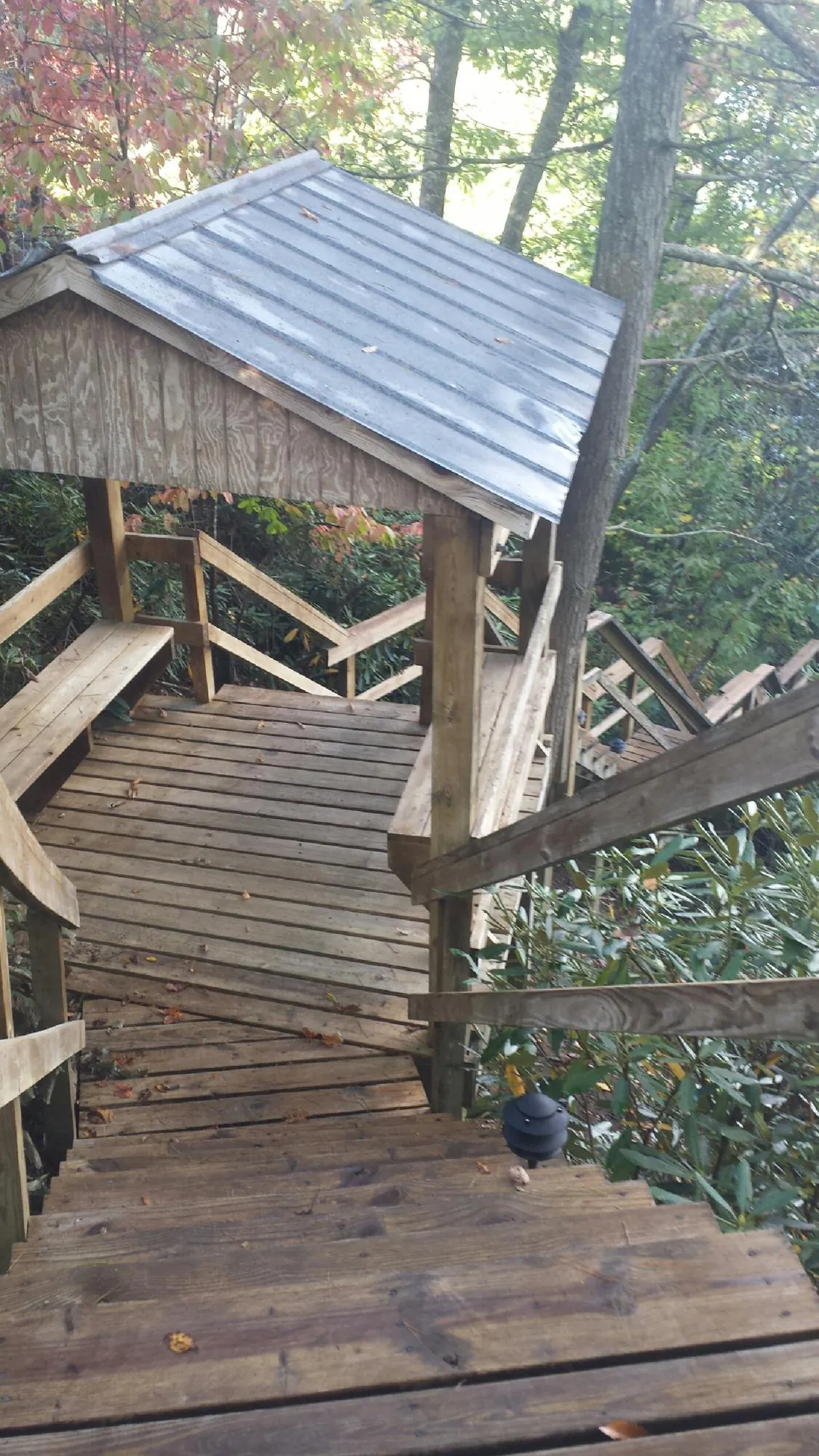 Metal roofed shelter over wooden steps on a wooded walkway — Skylight Repair & Installation work by our crew in Sebastopol